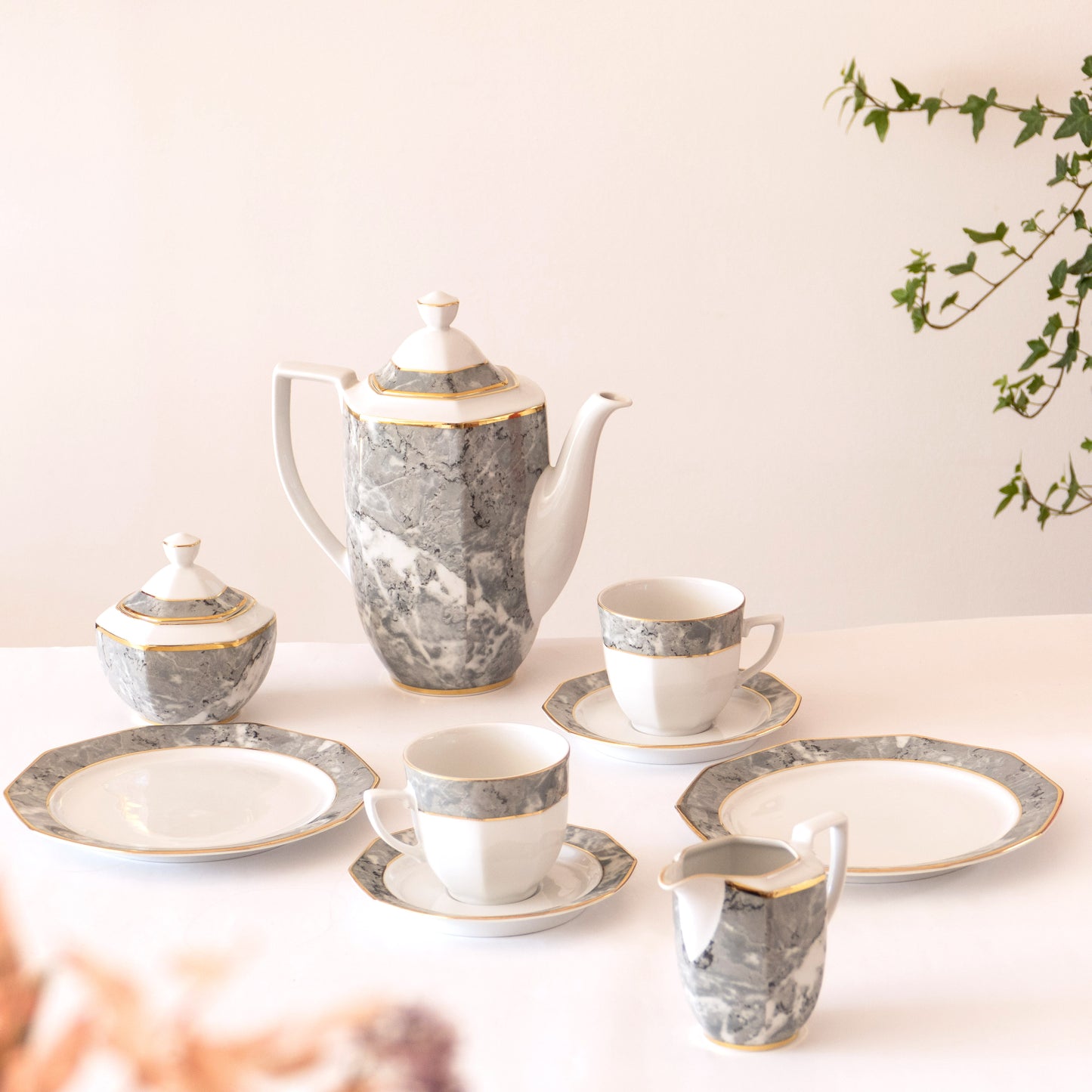 Service à café pour 2 en porcelaine de Bavière - marbre