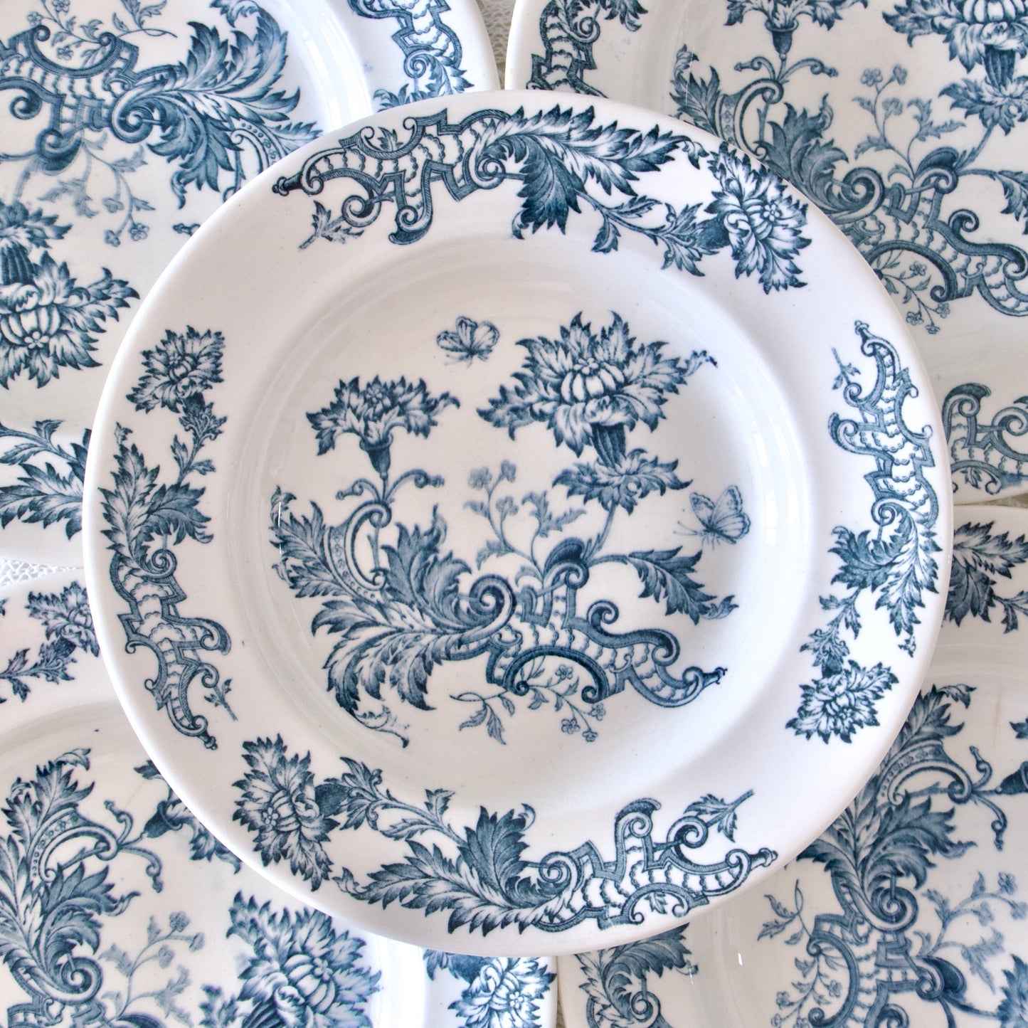5 assiettes creuses XIXe Longwy "Fismes" - terre de fer