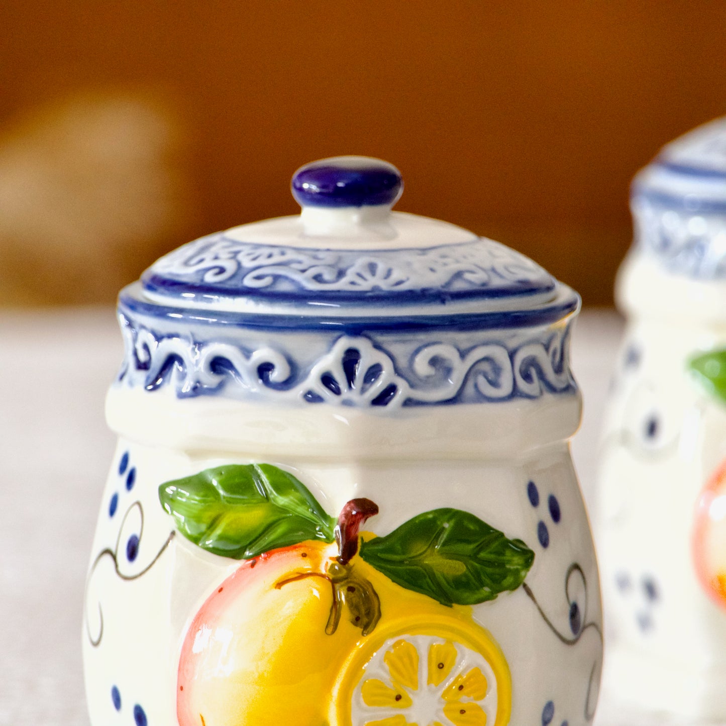 Trio de pots en céramique relief provençal citron et arabesques