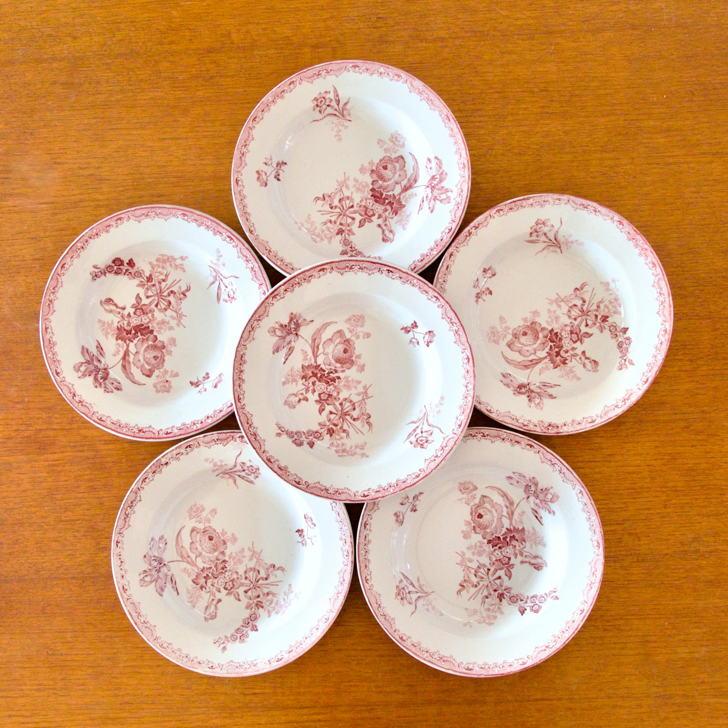 6 assiettes XIXe Sarreguemines "Fontanges" - terre de fer rose