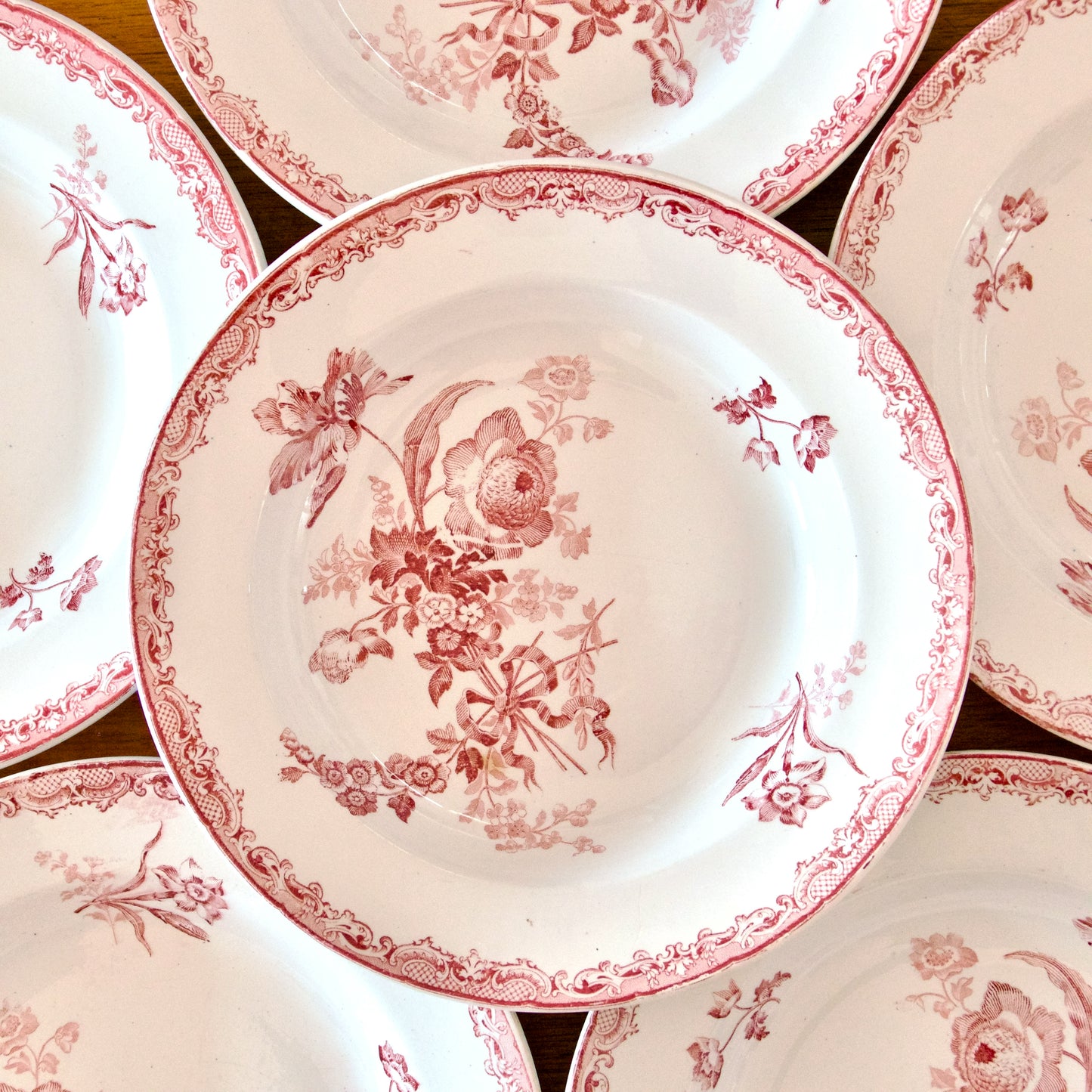 6 assiettes XIXe Sarreguemines "Fontanges" - terre de fer rose