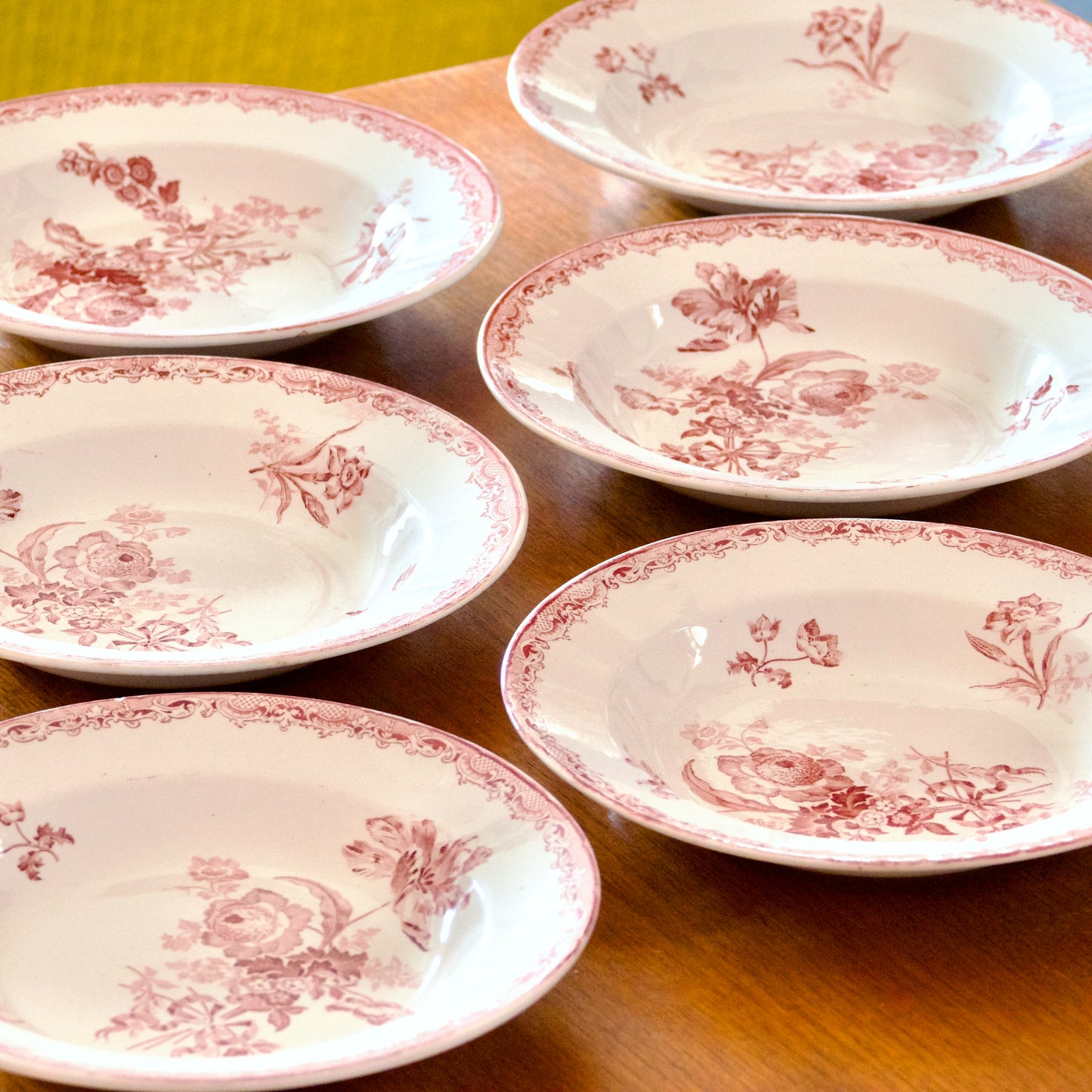 6 assiettes XIXe Sarreguemines "Fontanges" - terre de fer rose