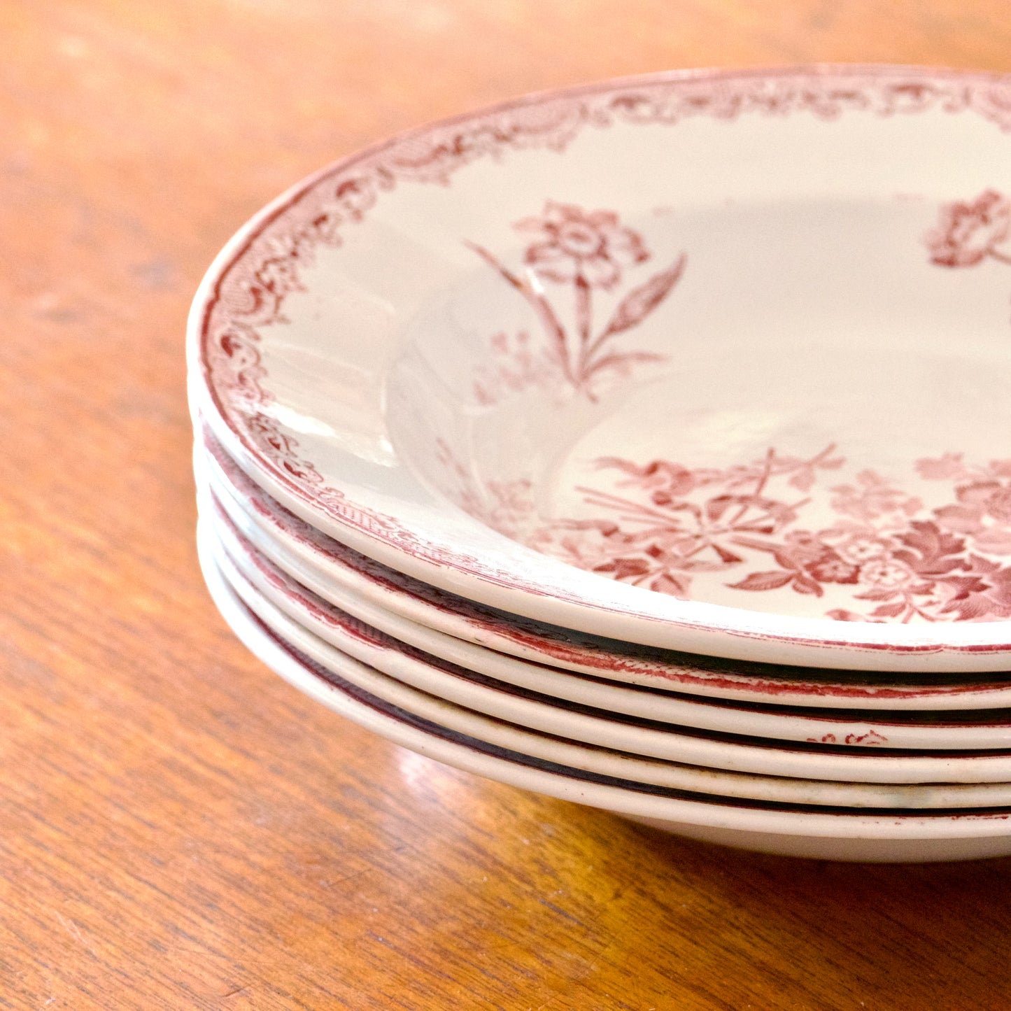 6 assiettes XIXe Sarreguemines "Fontanges" - terre de fer rose