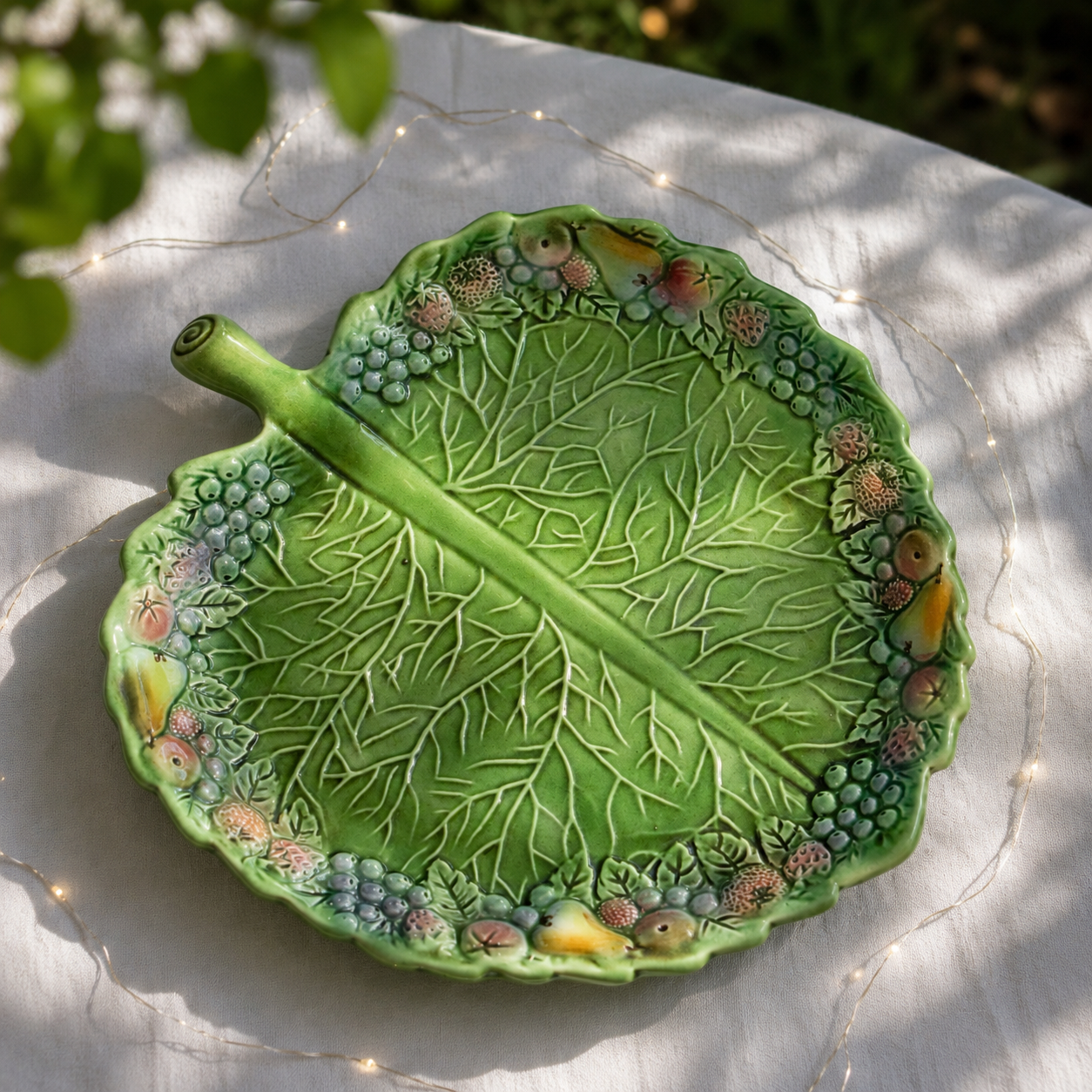 Assiette / petit plat en barbotine feuille What's