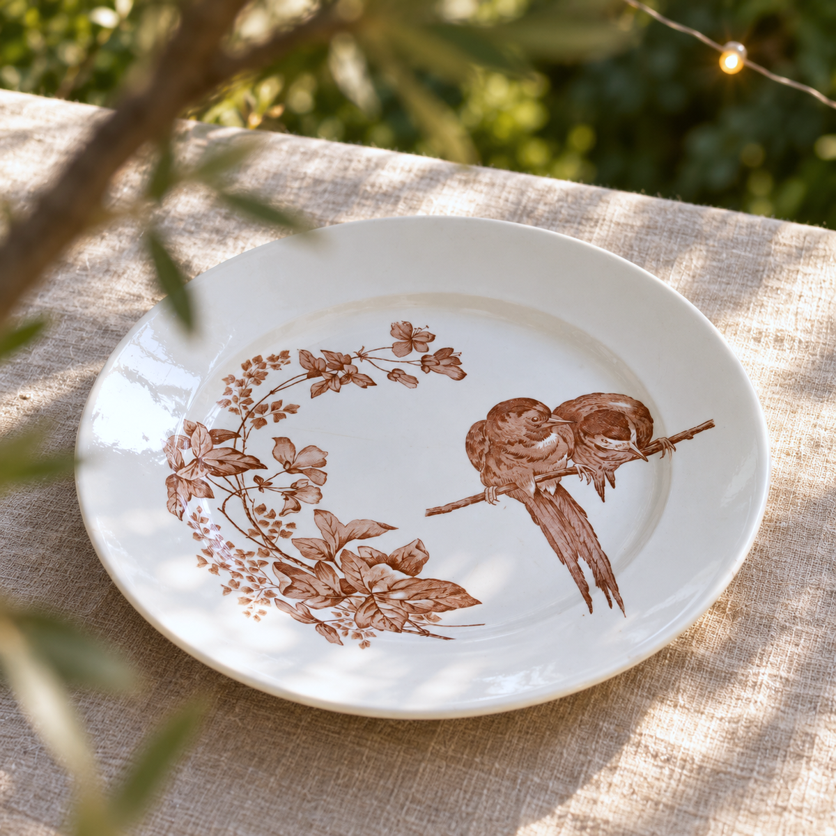 Plat rond signé Longwy le Favori aux oiseaux - terre de fer