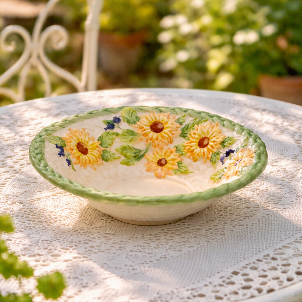 Grand saladier en barbotine tournesol peint à la main