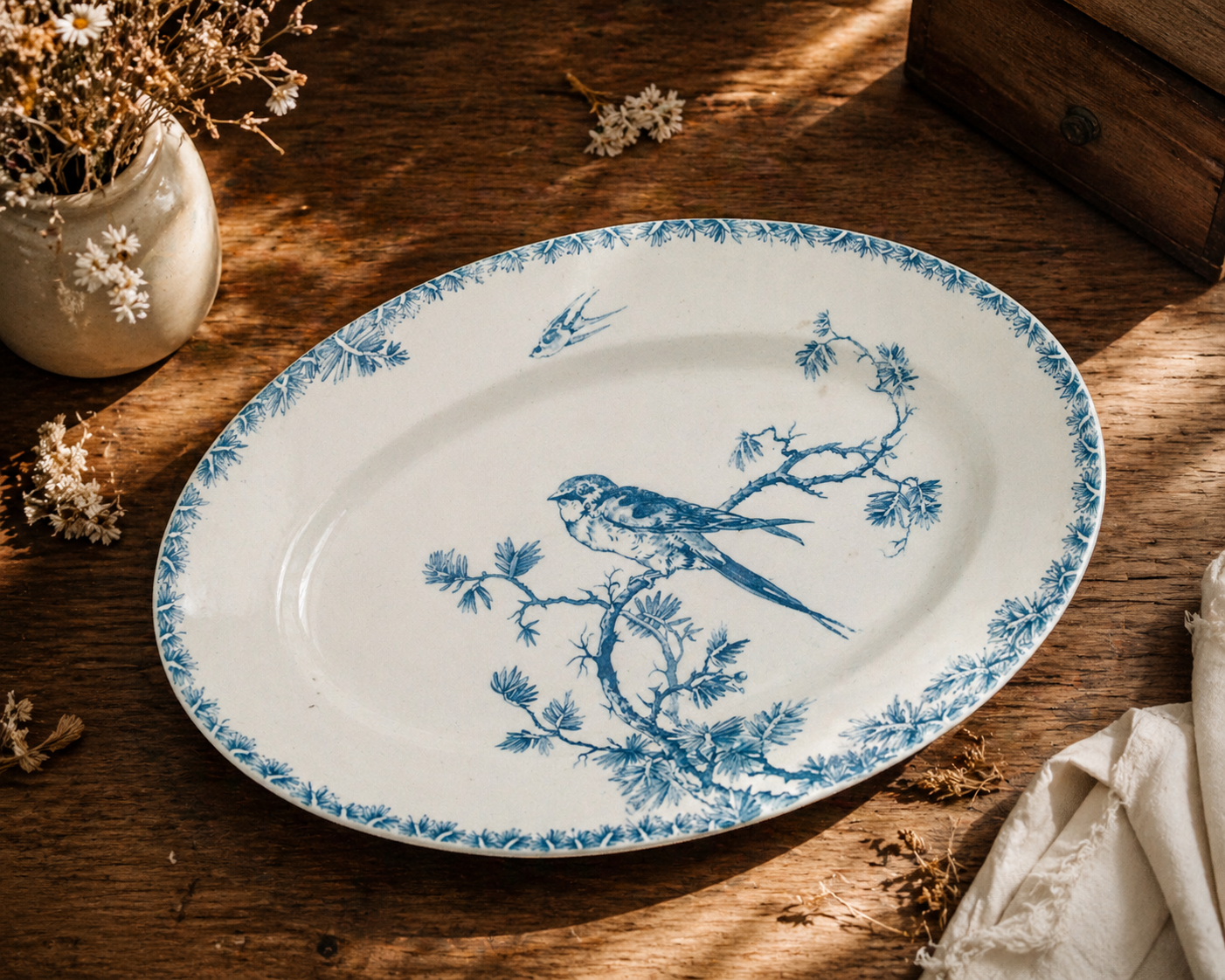 Plat ovale XIXe signé Gien collection Provençal aux oiseaux - terre de fer