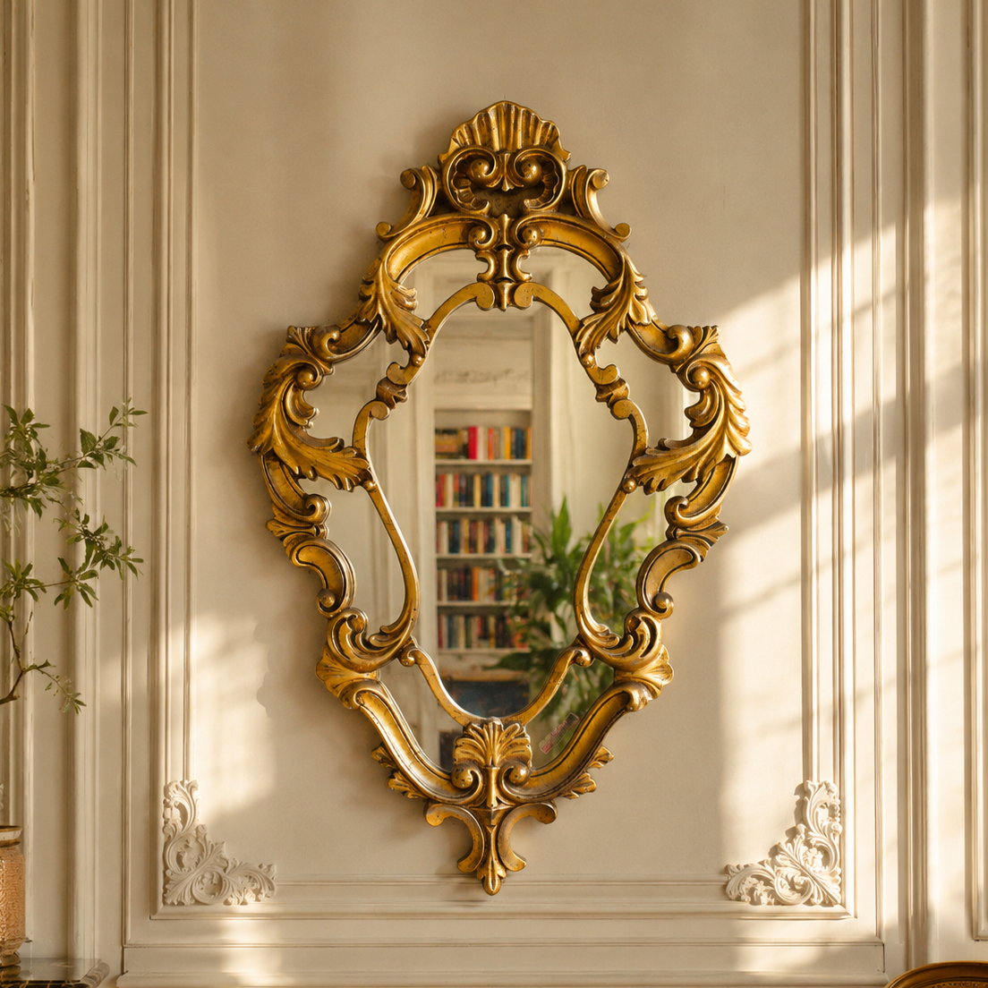 Miroir coquille à parcloses en bois doré à la feuille d'or