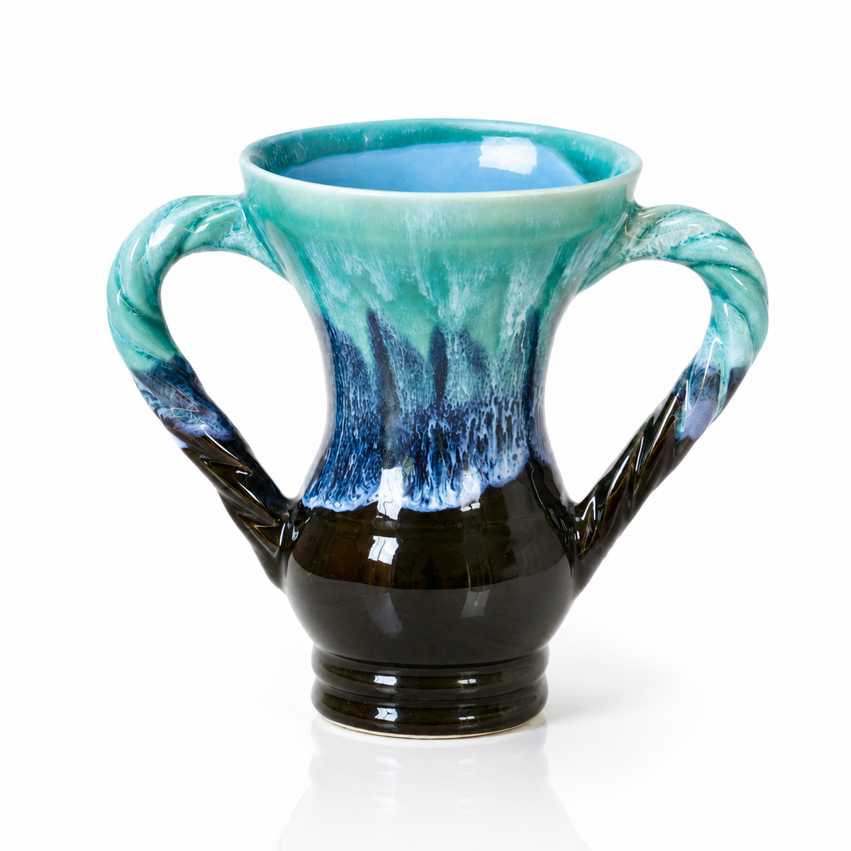 Vase amphore en grès émaillé flammé turquoise