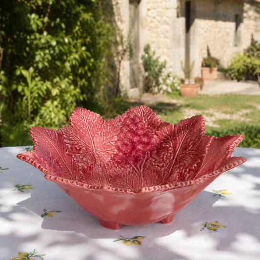 Coupe centre de table en barbotine framboise - feuilles de vigne