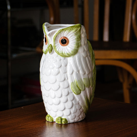 Carafe en barbotine hibou blanc et vert