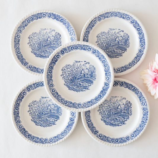 5 assiettes anglaises champêtres bleues