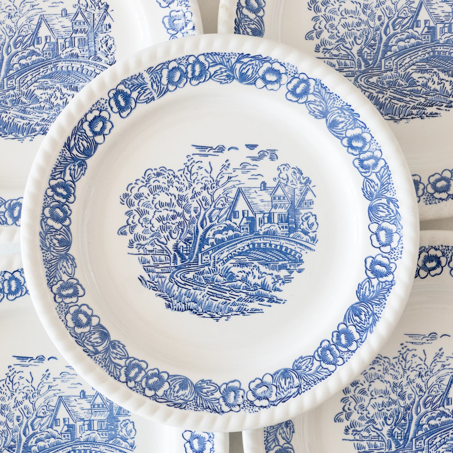 5 assiettes anglaises champêtres bleues