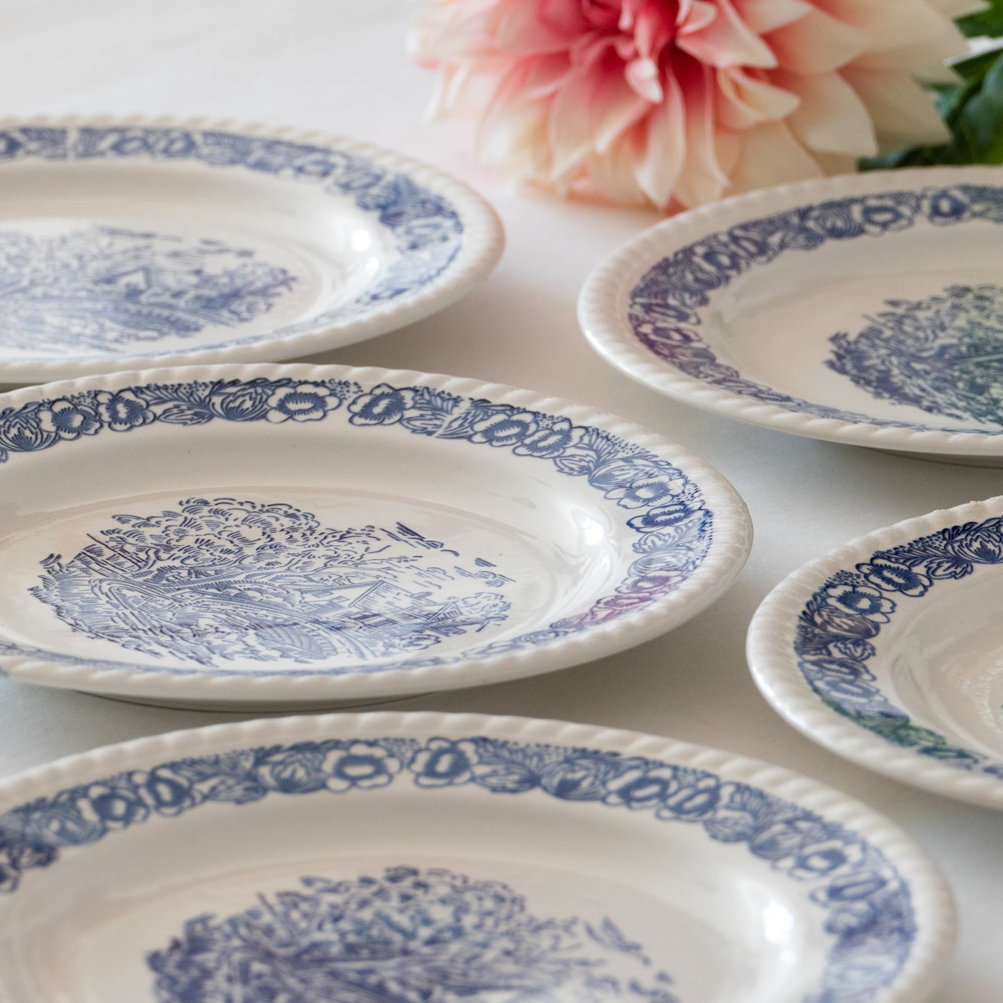 5 assiettes anglaises champêtres bleues