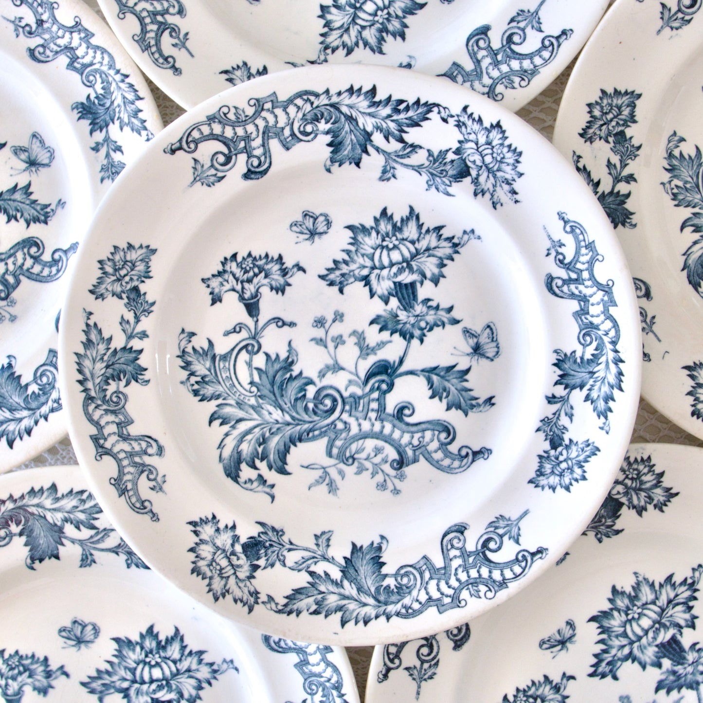 18 assiettes plates XIXe Longwy "Fismes" - terre de fer