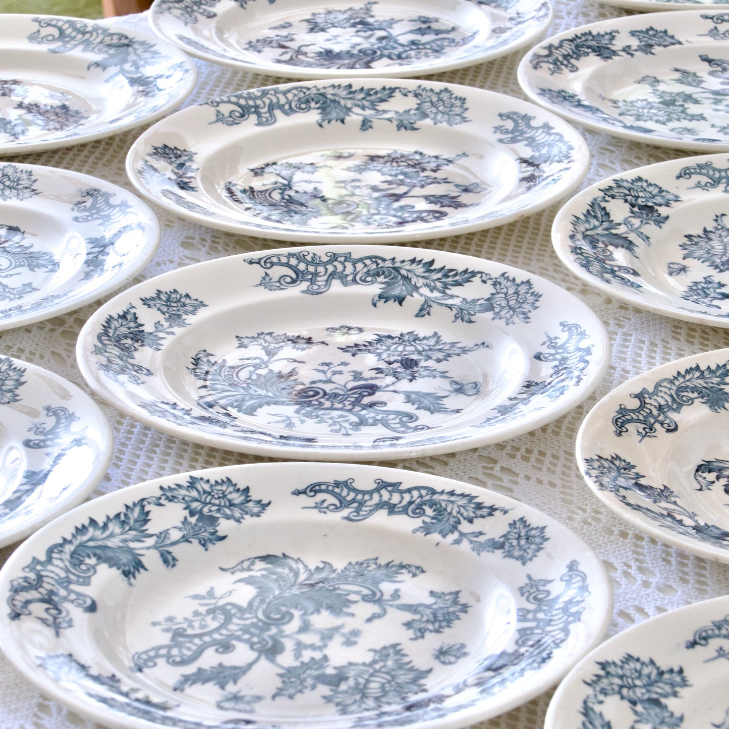 18 assiettes plates XIXe Longwy "Fismes" - terre de fer