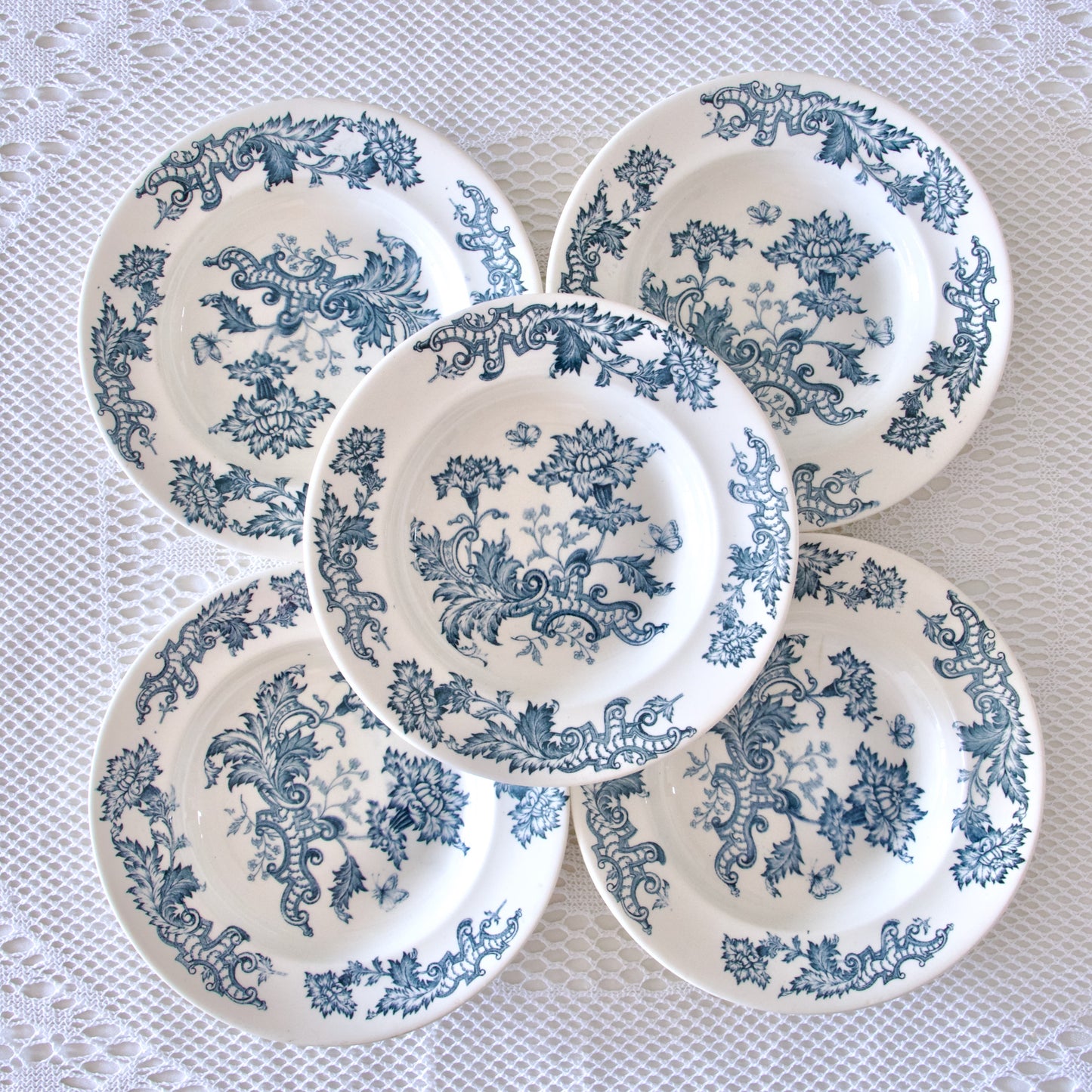 5 assiettes creuses XIXe Longwy "Fismes" - terre de fer