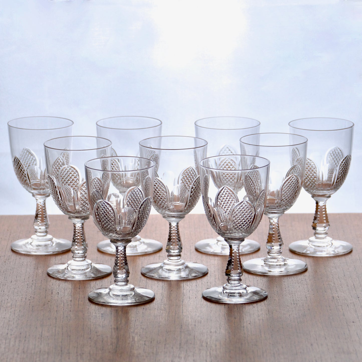 9 verres anciens en cristal soufflé bouche