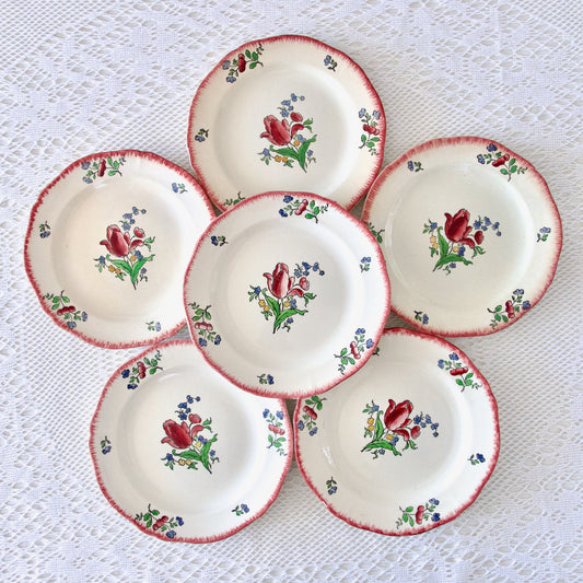 6 assiettes plates XIXe Gien "Lorraine" pâtinées