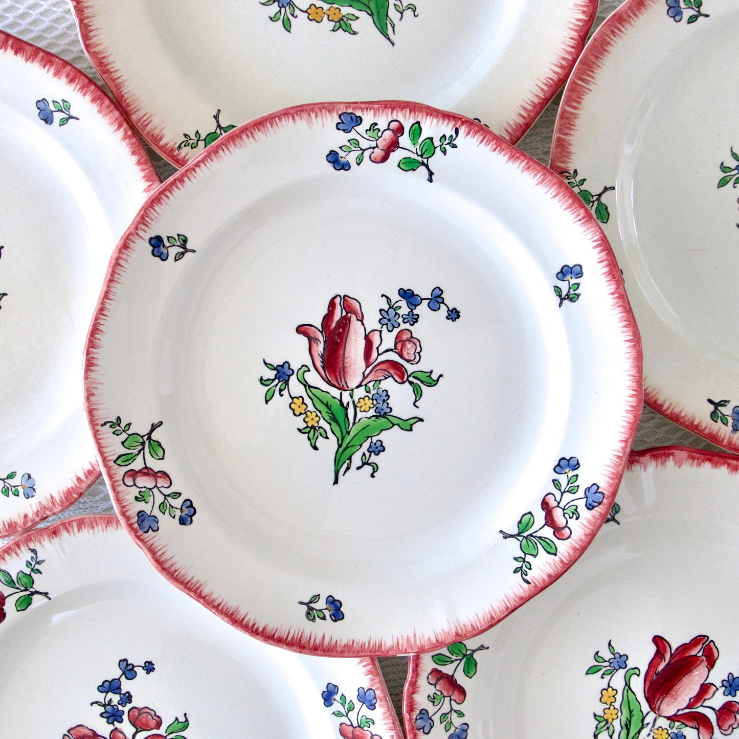 6 assiettes plates XIXe Gien "Lorraine" pâtinées