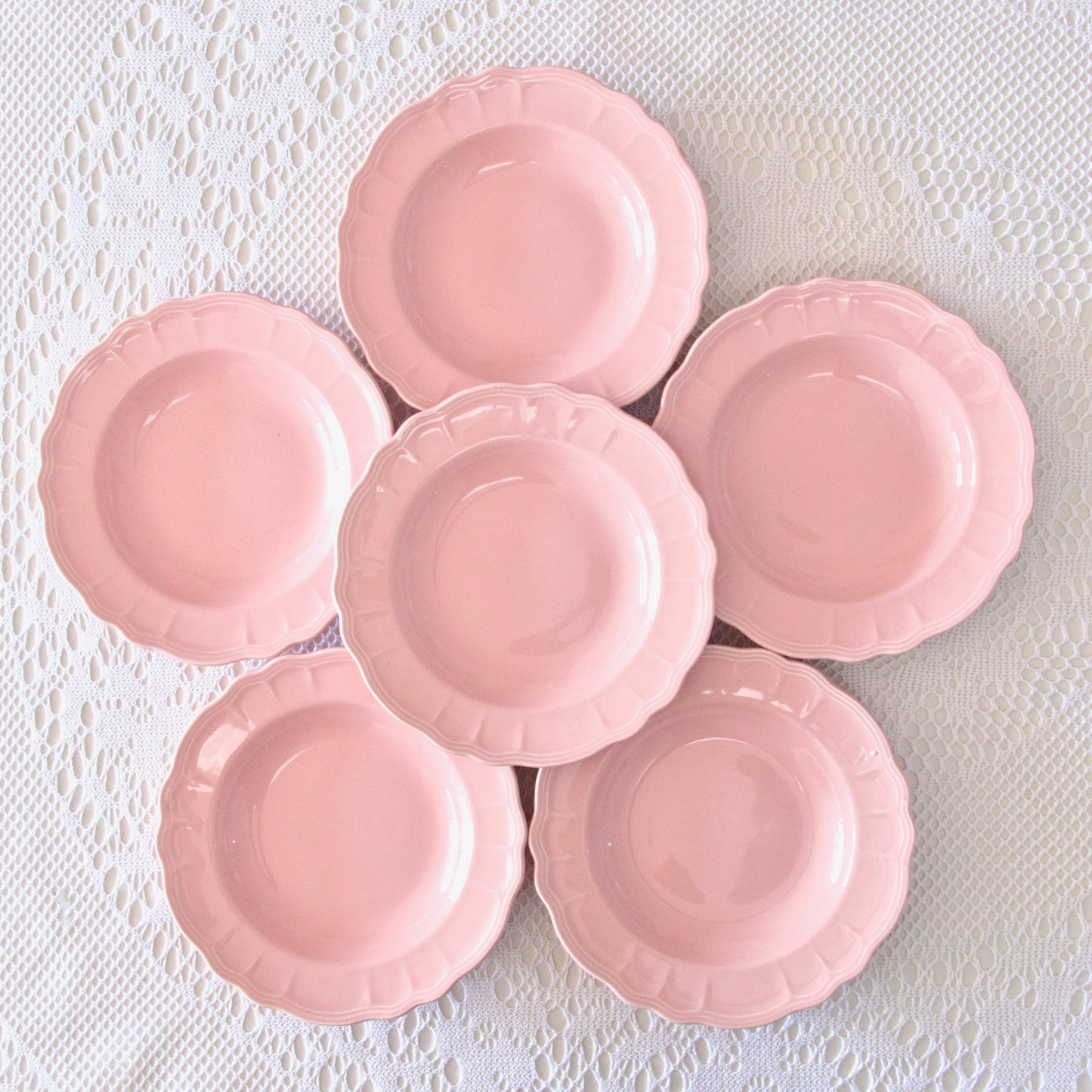 6 assiettes creuses Salins-les-Bains faïence rose