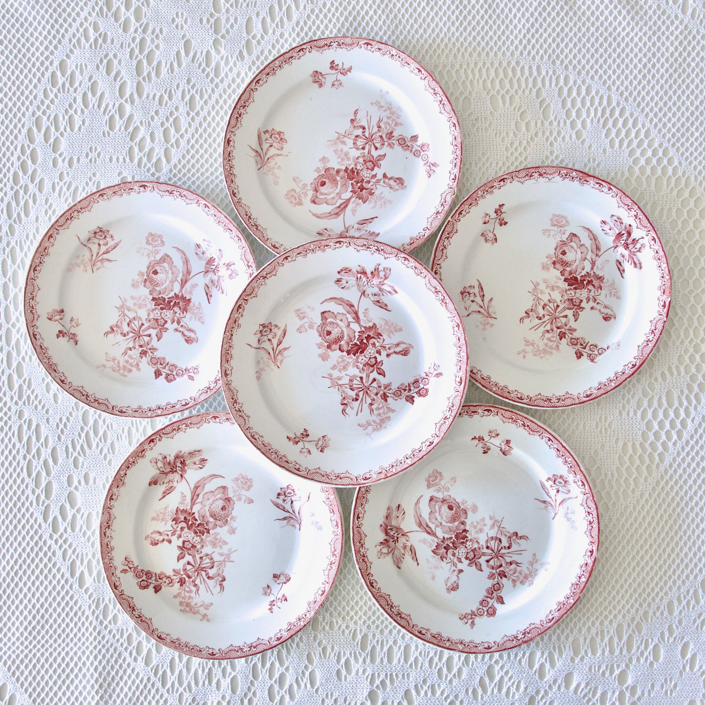 6 assiettes plates Sarreguemines "Fontanges" - terre de fer rose