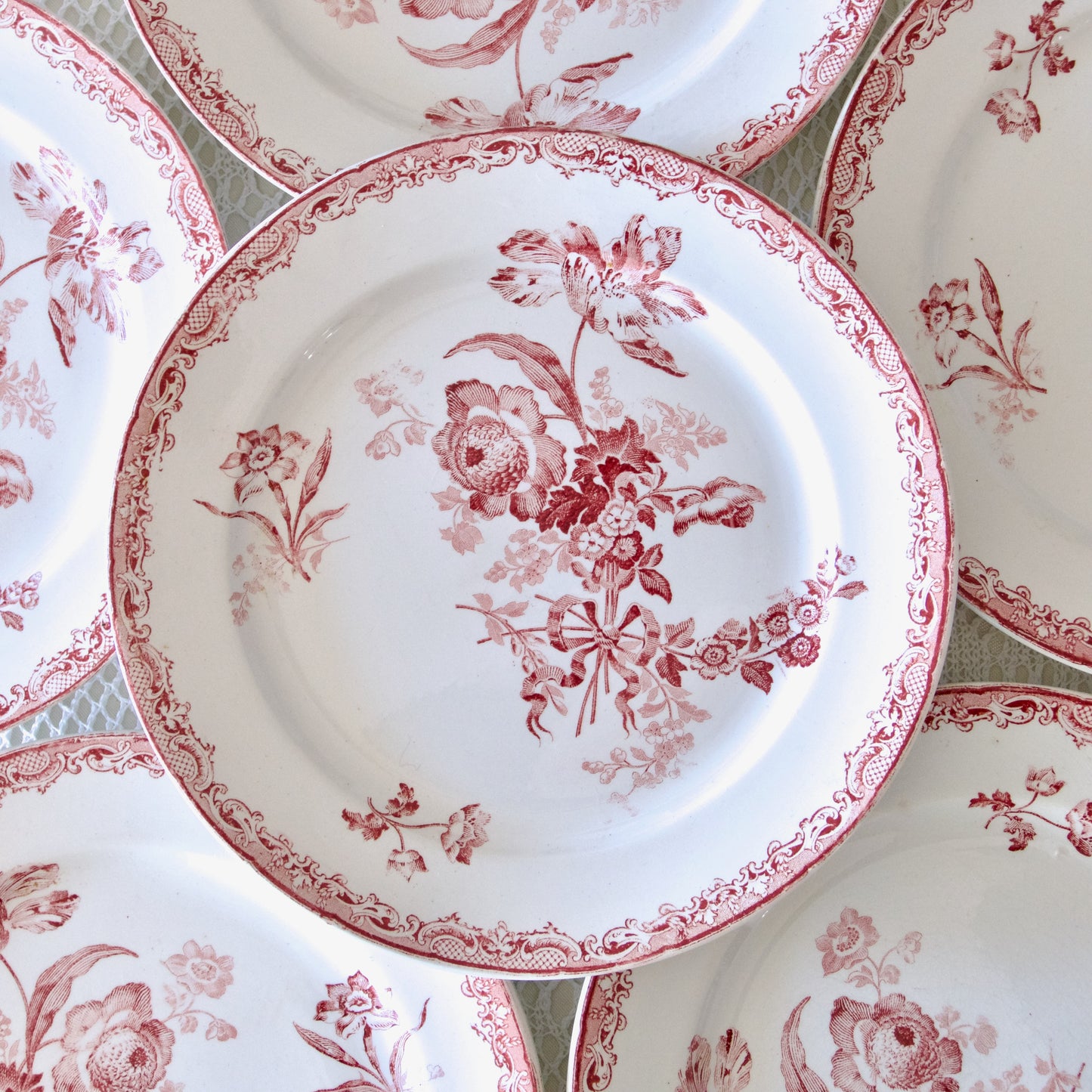 6 assiettes plates Sarreguemines "Fontanges" - terre de fer rose