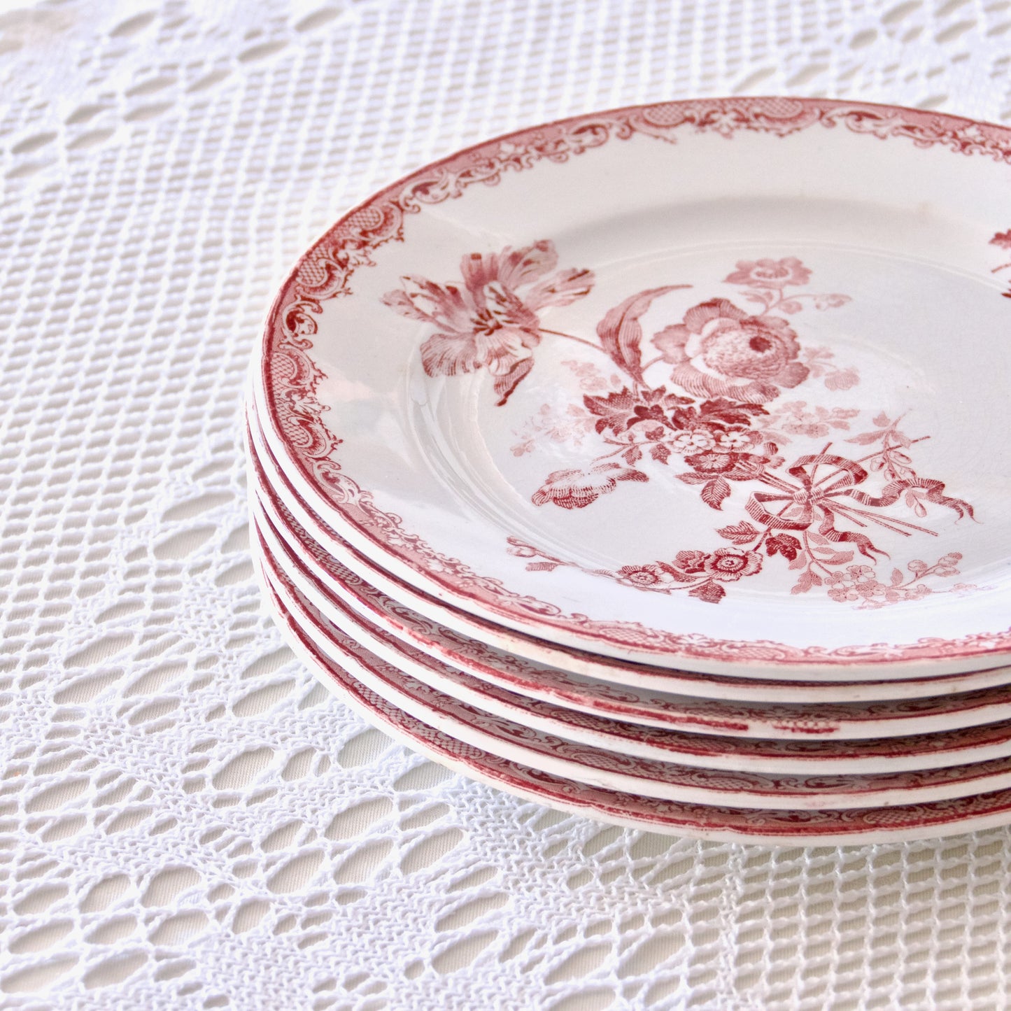 6 assiettes plates Sarreguemines "Fontanges" - terre de fer rose