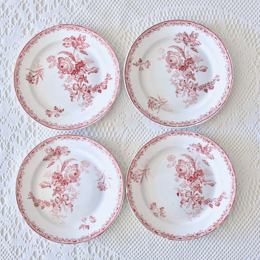 4 assiettes plates Sarreguemines "Fontanges" avec défauts - terre de fer rose