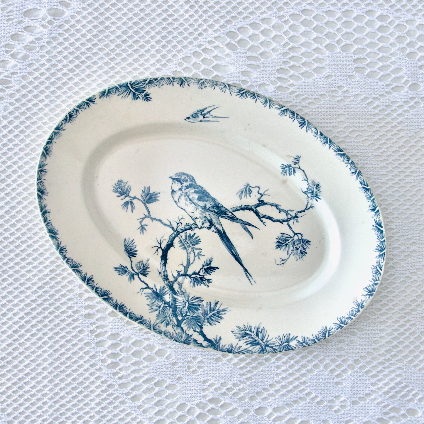 Plat ovale XIXe signé Gien collection Provençal aux oiseaux - terre de fer