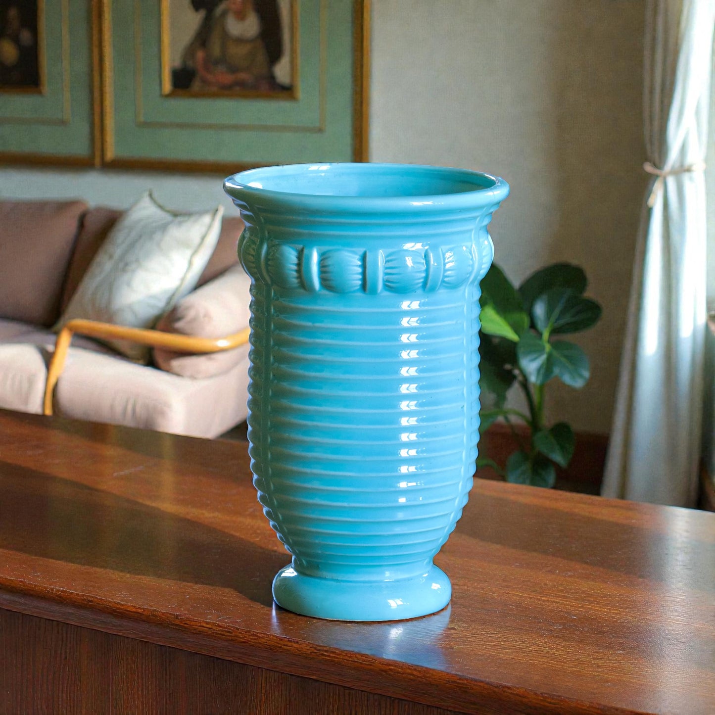 Vase Art Deco Poët Laval en céramique émaillée turquoise