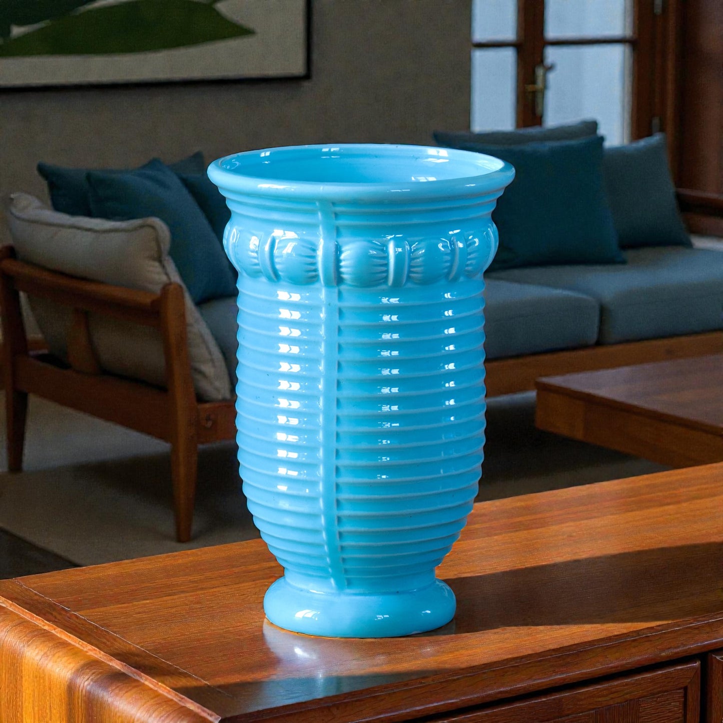 Vase Art Deco Poët Laval en céramique émaillée turquoise