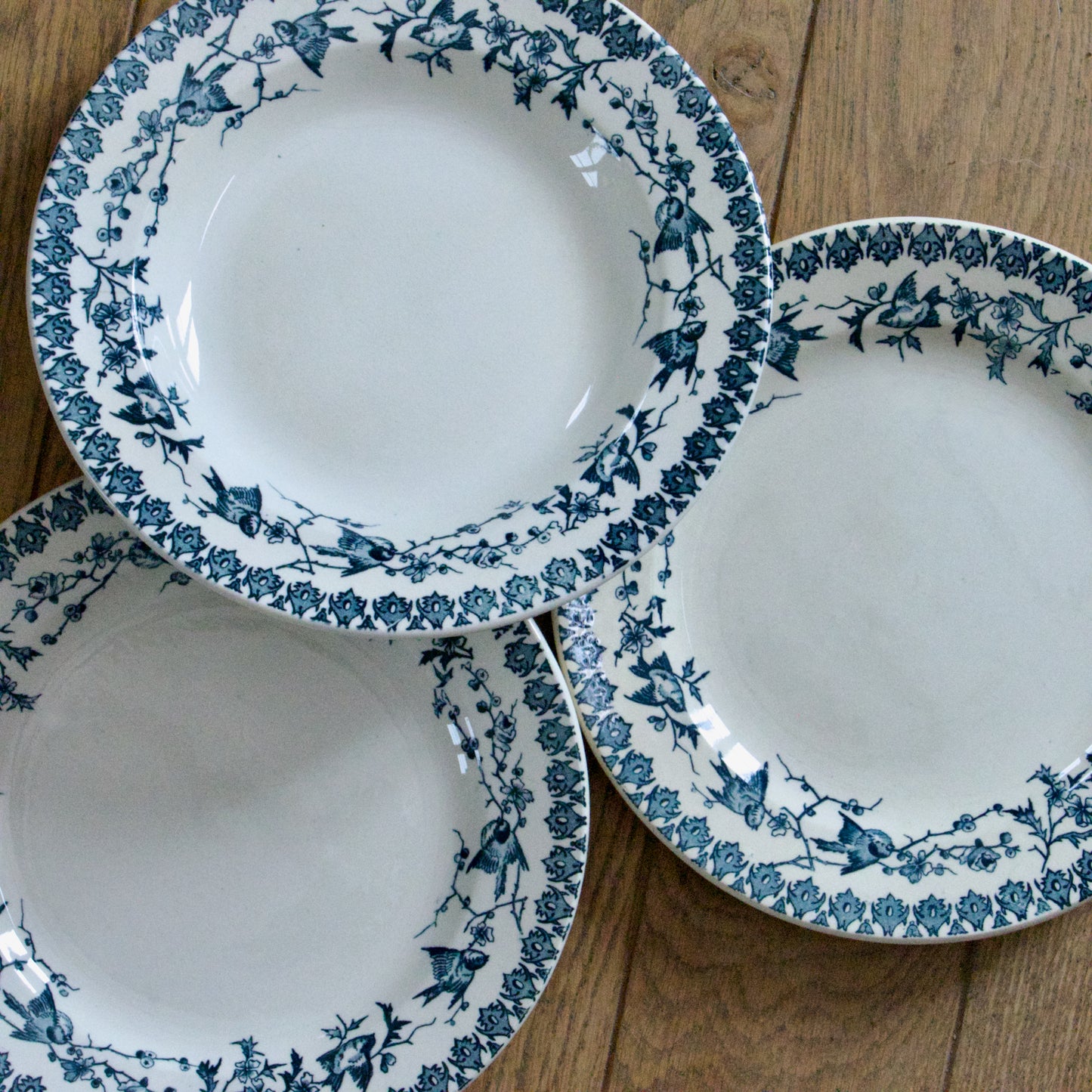 Trio d'assiettes XIXe Choisy-le-Roi "Lyonnais" aux oiseaux - terre de fer