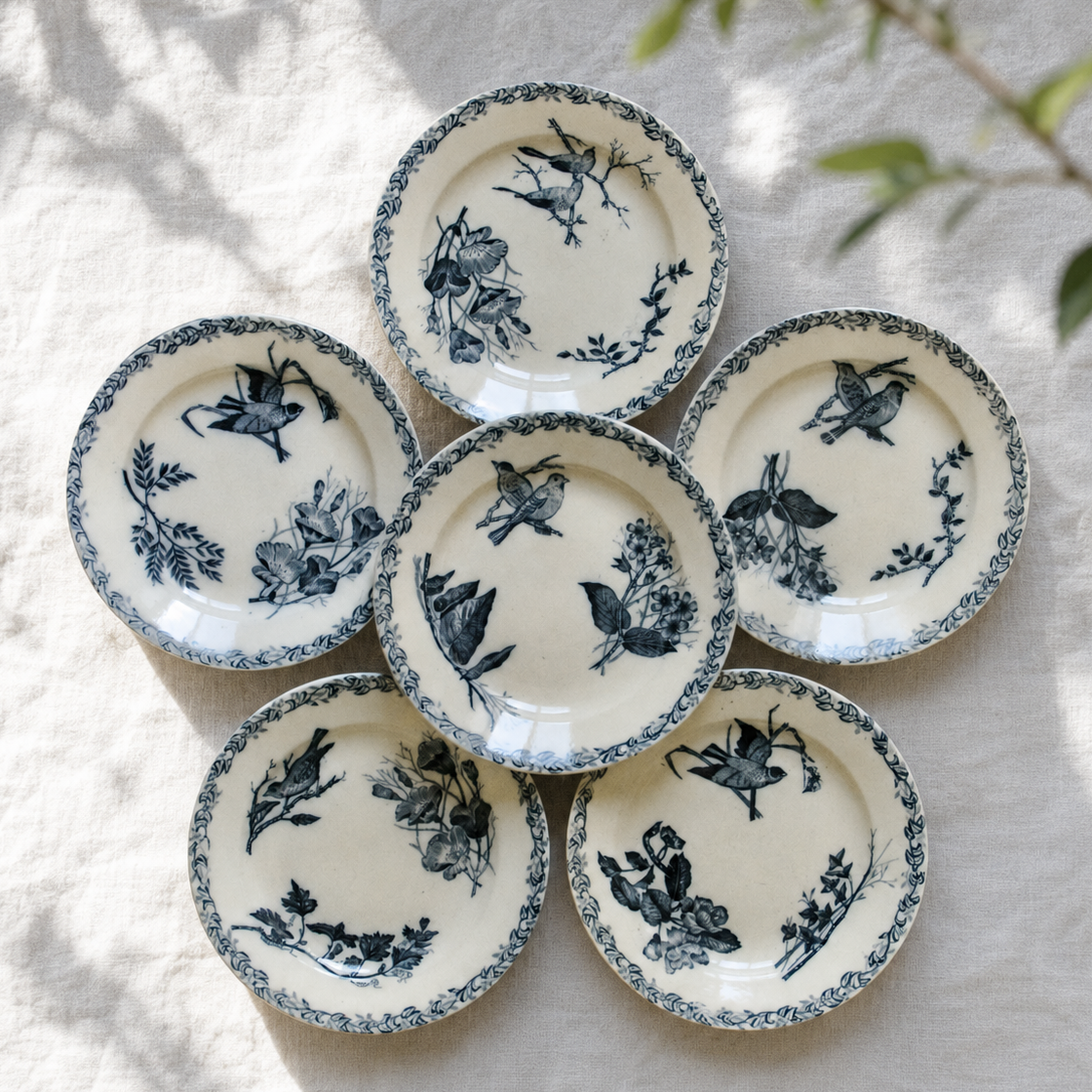 Assiettes plates XIXe Onnaing aux oiseaux - terre de fer