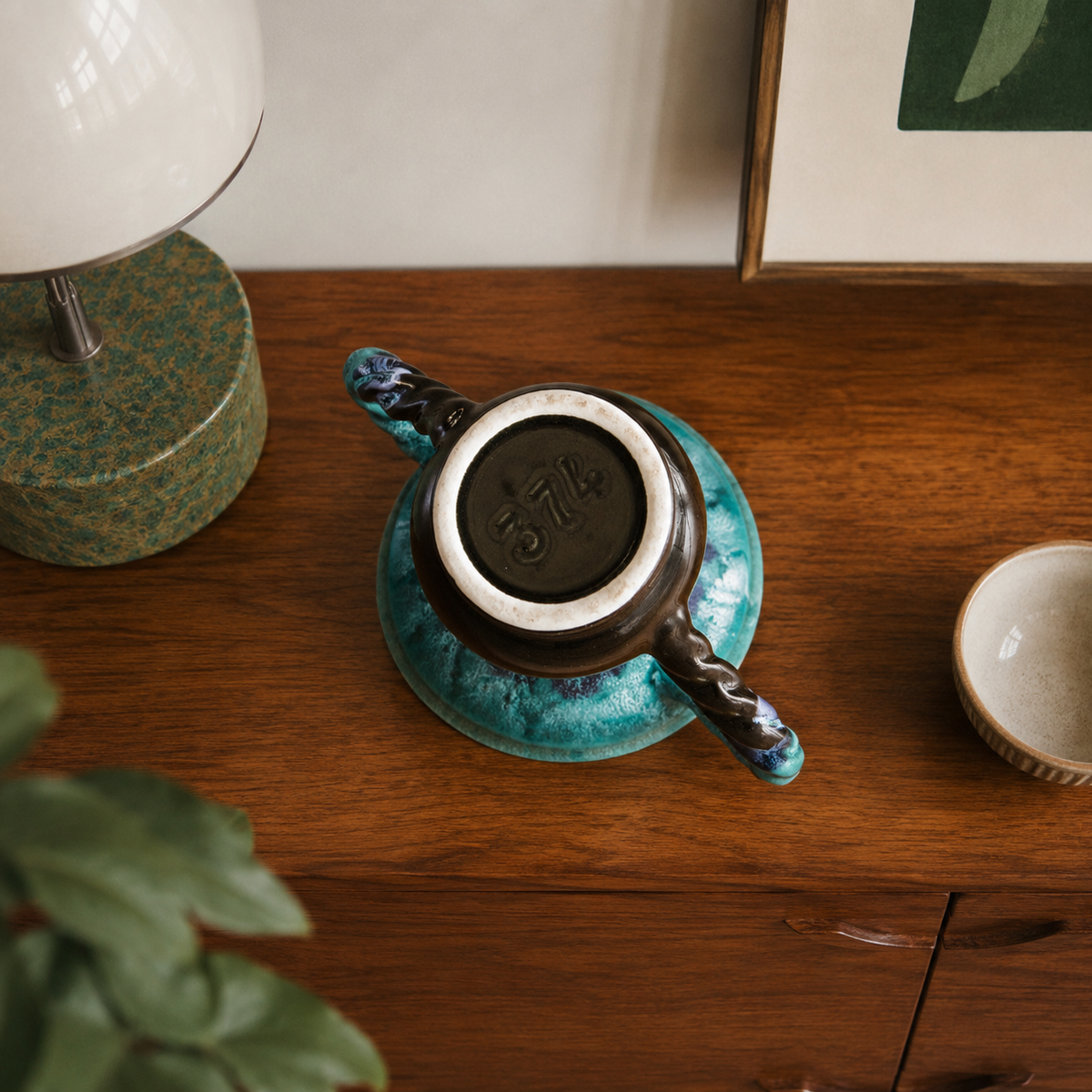Vase amphore en grès émaillé flammé turquoise