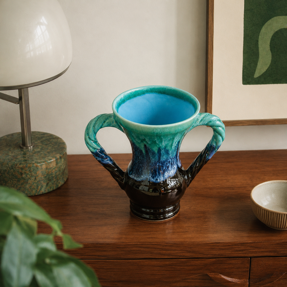 Vase amphore en grès émaillé flammé turquoise