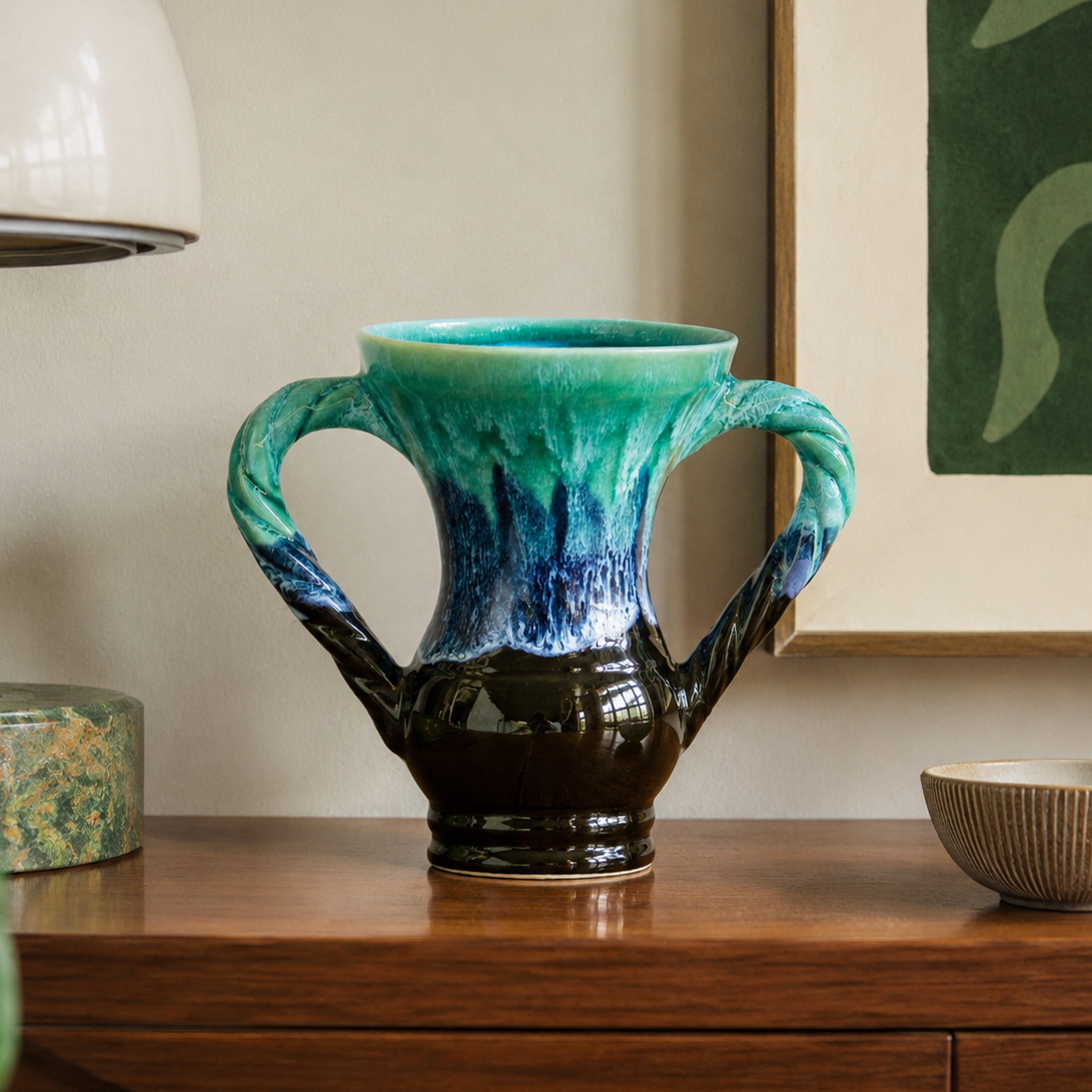 Vase amphore en grès émaillé flammé turquoise